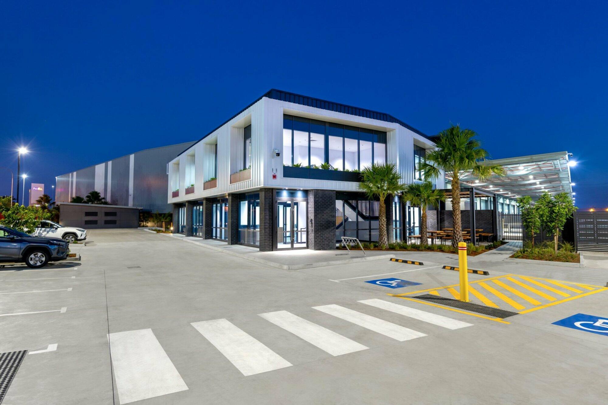 Front shot of Spaceframe's completed office and warehouse build for L'Oreal in Redbank, Brisbane.