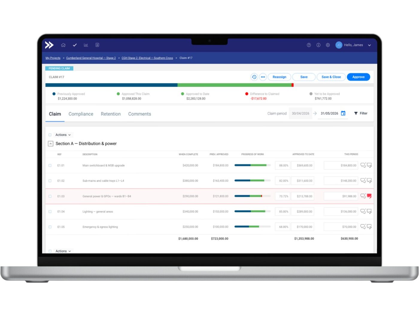Payapps progress claim dashboard on a laptop